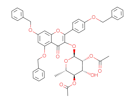 Molecular Structure of 916069-07-3 ((2S,3R,4R,5R,6S)-2-((5,7-bis(benzyloxy)-2-(4-(benzyloxy)phenyl)-4-oxo-4H-chromen-3-yl)oxy)-4-hydroxy-6-methyltetrahydro-2H-pyran-3,5-diyl diacetate)