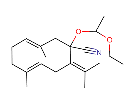 Molecular Structure of 87920-49-8 ((3E,7E)-1-(1-Ethoxy-ethoxy)-10-isopropylidene-3,7-dimethyl-cyclodeca-3,7-dienecarbonitrile)
