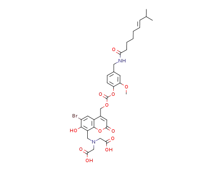 Molecular Structure of 1221557-70-5 ((E)-[8-[bis(carboxymethyl)aminomethyl]-6-bromo-7-hydroxycoumarin-4-yl]methyl 2-methoxy-4-[(8-methylnon-6-enamido)methyl]phenyl carbonate)