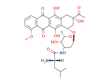 Molecular Structure of 66900-32-1 ((1S,3S)-3-acetyl-3,5,12-trihydroxy-10-methoxy-6,11-dioxo-1,2,3,4,6,11-hexahydrotetracen-1-yl (4xi)-2,3,6-trideoxy-3-(L-leucylamino)-alpha-L-threo-hexopyranoside)