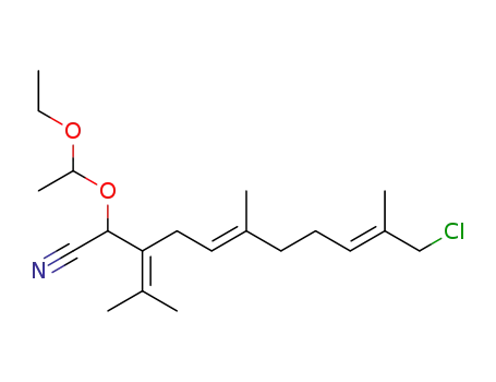 Molecular Structure of 87920-48-7 ((5E,9E)-11-Chloro-2-(1-ethoxy-ethoxy)-3-isopropylidene-6,10-dimethyl-undeca-5,9-dienenitrile)