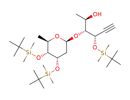 Molecular Structure of 279684-91-2 ((2R,3R,4S)-3-[(2S,4S,5R,6R)-4,5-Bis-(tert-butyl-dimethyl-silanyloxy)-6-methyl-tetrahydro-pyran-2-yloxy]-4-(tert-butyl-dimethyl-silanyloxy)-hex-5-yn-2-ol)