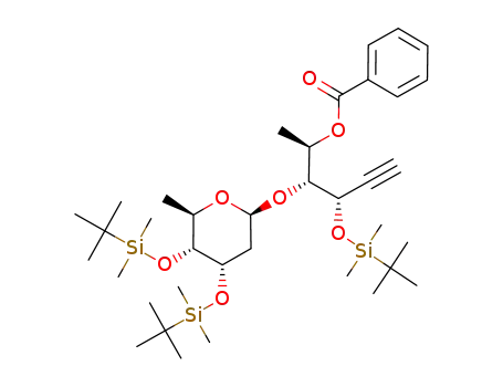 Molecular Structure of 279684-80-9 (Benzoic acid (1R,2R,3S)-2-[(2S,4S,5R,6R)-4,5-bis-(tert-butyl-dimethyl-silanyloxy)-6-methyl-tetrahydro-pyran-2-yloxy]-3-(tert-butyl-dimethyl-silanyloxy)-1-methyl-pent-4-ynyl ester)