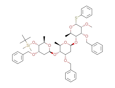 Molecular Structure of 1512847-02-7 (phenyl 3-O-benzyl-4-O-tert-butyldimethylsilyl-2,6-dideoxy-β-D-ribohexapyranosyl-(1→4)-3-O-benzyl-2,6-dideoxy-β-D-ribo-hexapyranosyl-(1→4)-3-O-benzyl-6-deoxy-2-O-methyl-1-thio-α-D-ribohexopyranoside)