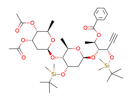 Molecular Structure of 389860-85-9 (Benzoic acid (1R,2R,3S)-3-(tert-butyl-dimethyl-silanyloxy)-2-[(2S,4S,5R,6R)-4-(tert-butyl-dimethyl-silanyloxy)-5-((2S,4S,5R,6R)-4,5-diacetoxy-6-methyl-tetrahydro-pyran-2-yloxy)-6-methyl-tetrahydro-pyran-2-yloxy]-1-methyl-pent-4-ynyl ester)