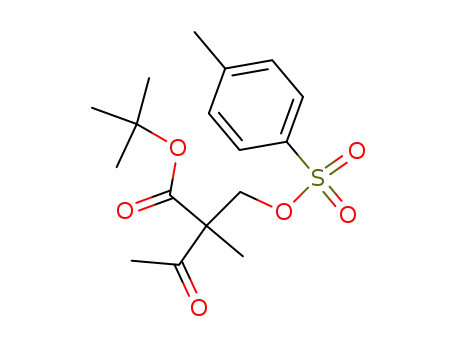 Molecular Structure of 168281-30-9 (Butanoic acid, 2-methyl-2-[[[(4-methylphenyl)sulfonyl]oxy]methyl]-3-oxo-,
1,1-dimethylethyl ester)