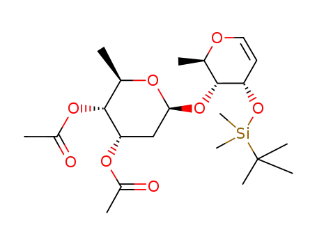 Molecular Structure of 389860-84-8 (Acetic acid (2R,3R,4S,6S)-3-acetoxy-6-[(2R,3R,4S)-4-(tert-butyl-dimethyl-silanyloxy)-2-methyl-3,4-dihydro-2H-pyran-3-yloxy]-2-methyl-tetrahydro-pyran-4-yl ester)