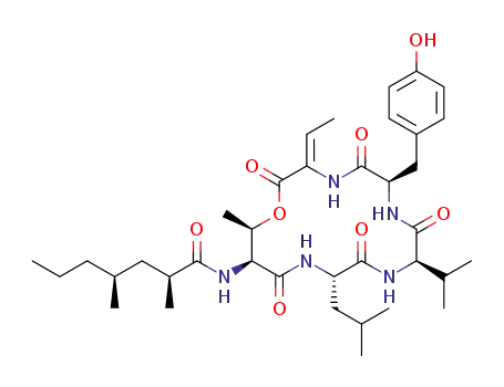 Molecular Structure of 1383580-56-0 ((2S,4S)-N-((6R,9R,12S,15S,16R,Z)-3-ethylidene-6-(4-hydroxybenzyl)-12-isobutyl-9-isopropyl-16-methyl-2,5,8,11,14-pentaoxo-1-oxa-4,7,10,13-tetraazacyclohexadecan-15-yl)-2,4-dimethylheptanamide)