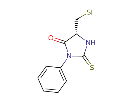 Molecular Structure of 51782-70-8 (4-Imidazolidinone, 5-(mercaptomethyl)-3-phenyl-2-thioxo-, (R)-)