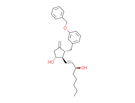 Molecular Structure of 1425937-43-4 ((1R,2R,3R)-3-(3-(benzyloxy)benzyl)-2-((3S,1E)-3-hydroxyoct-1-enyl)-4-methylenecyclopentanol)