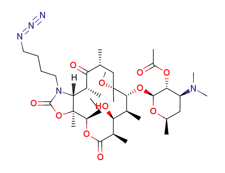 Molecular Structure of 849407-74-5 (acetic acid 2-[1-(4-azido-butyl)-4-ethyl-8-hydroxy-11-methoxy-3a,7,9,11,13,15-hexamethyl-2,6,14-trioxo-tetradecahydro-3,5-dioxa-1-aza-cyclopentacyclotetradecen-10-yloxy]-4-dimethylamino-6-methyl-tetrahydro-pyran-3-yl ester)