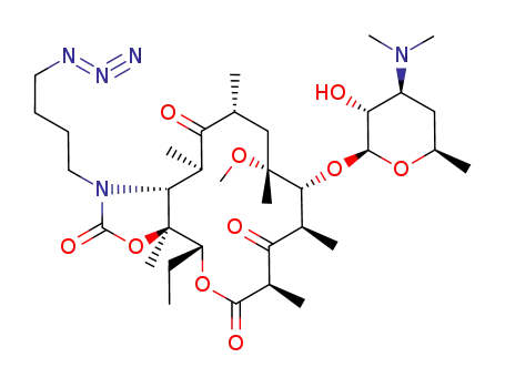 Molecular Structure of 849407-75-6 (11-N-(4-azido-butyl)-6-O-methyl-5-O-desosaminyl-3-oxo-erythronolide A 11,12-carbamate)
