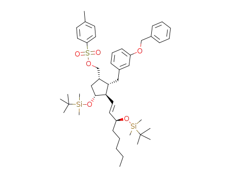 Molecular Structure of 1425937-47-8 (((1S,2S,3R,4R)-2-(3-(benzyloxy)benzyl)-4-(tert-butyldimethylsilyloxy)-3-((3S,1E)-3-(tert-butyldimethylsilyloxy)oct-1-enyl)cyclopentyl)methyl 4-methylbenzenesulfonate)