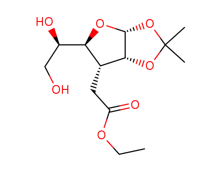 Molecular Structure of 59256-86-9 (ethyl 2-((3aR,5S,6R,6aR)-5-((R)-1,2-dihydroxyethyl)-2,2-dimethyltetrahydrofuro[2,3-d][1,3]dioxol-6-yl)acetate)