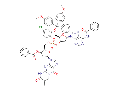 Molecular Structure of 93778-55-3 (Guanosine,N-benzoyl-5'-O-[bis(4-methoxyphenyl)phenylmethyl]-P-(4-chlorophenyl)-2'-deoxyadenylyl-(3'&reg;5')-2'-deoxy-N-(2-methyl-1-oxopropyl)-,3'-benzoate (9CI))
