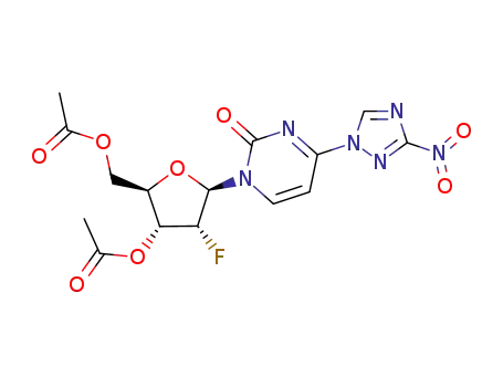 Molecular Structure of 196928-90-2 (Acetic acid (2R,3R,4R,5R)-2-acetoxymethyl-4-fluoro-5-[4-(3-nitro-[1,2,4]triazol-1-yl)-2-oxo-2H-pyrimidin-1-yl]-tetrahydro-furan-3-yl ester)