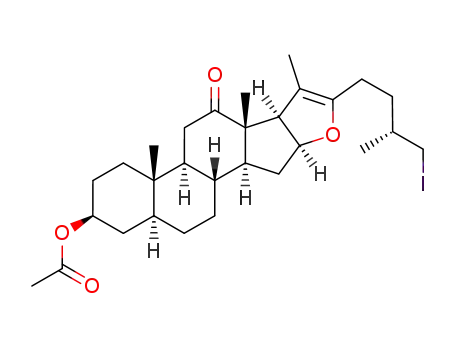 Acetic acid (2S,4aS,4bS,6aS,6bR,9aS,10aS,10bR,12aS)-8-((R)-4-iodo-3-methyl-butyl)-4a,6a,7-trimethyl-6-oxo-2,3,4,4a,4b,5,6,6a,6b,9a,10,10a,10b,11,12,12a-hexadecahydro-1H-9-oxa-pentaleno[2,1-a]phenanthren-2-yl ester
