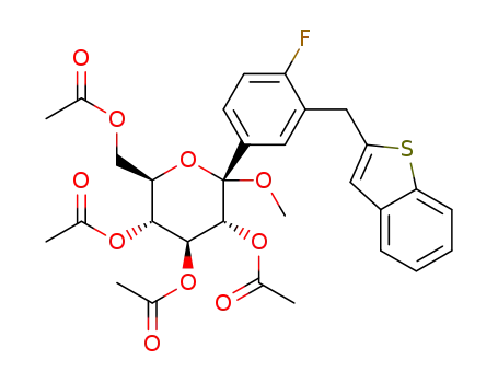 Molecular Structure of 1034305-27-5 (methyl 2,3,4,6-tetra-O-acetyl-1-C-[3-(1-benzothien-2-ylmethyl)-4-fluorophenyl]-α-glucopyranoside)