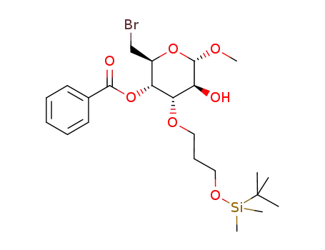 Molecular Structure of 299410-97-2 (methyl 4-O-benzoyl-6-bromo-3-O-[3-{(tert-butyldimethylsilyl)oxy}propyl]-6-deoxy-α-D-altropyranoside)