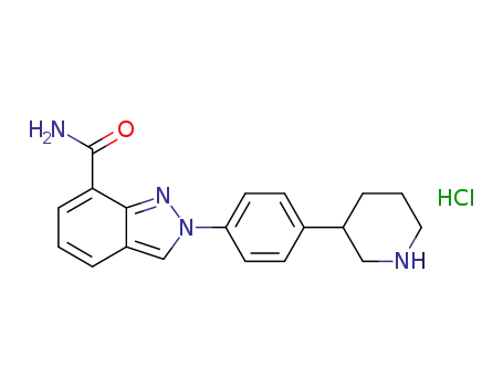 Molecular Structure of 1038915-56-8 (racemic 3-{4-[7-(aminocarbonyl)-2H-indazol-2-yl]phenyl}piperidinium chloride)