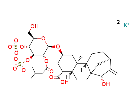 Molecular Structure of 17754-44-8 (dipotassium (2R,4R,4aR,6aR,7S,9S,11bR)-4-carboxy-7-hydroxy-11b-methyl-8-methylidenetetradecahydro-6a,9-methanocyclohepta[a]naphthalen-2-yl 2-O-(3-methylbutanoyl)-3,4-di-O-sulfonato-alpha-D-glucopyranoside)