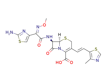 Molecular Structure of 104146-14-7 (5-Thia-1-azabicyclo[4.2.0]oct-2-ene-2-carboxylic acid,
7-[[(2Z)-(2-amino-4-thiazolyl)(methoxyimino)acetyl]amino]-3-[(1E)-2-(4-
methyl-5-thiazolyl)ethenyl]-8-oxo-, (6R,7R)-)