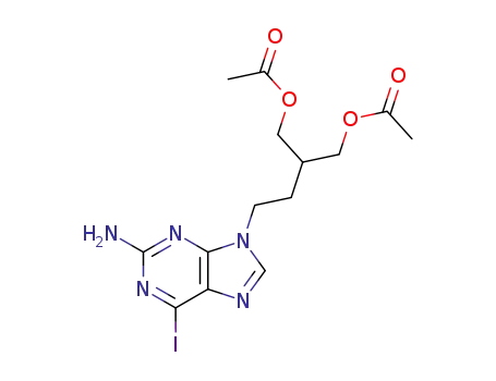 Molecular Structure of 128139-27-5 (1,3-Propanediol, 2-[2-(2-amino-6-iodo-9H-purin-9-yl)ethyl]-, diacetate
(ester))