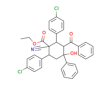 Molecular Structure of 83624-73-1 (3-Benzoyl-2,6-bis-(4-chloro-phenyl)-1-cyano-4-hydroxy-4-phenyl-cyclohexanecarboxylic acid ethyl ester)
