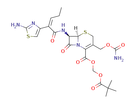 Molecular Structure of 105889-45-0 (5-Thia-1-azabicyclo[4.2.0]oct-2-ene-2-carboxylicacid,3-[[(aminocarbonyl)oxy]methyl]-7-[[(2Z)-2-(2-amino-4-thiazolyl)-1-oxo-2-penten-1-yl]amino]-8-oxo-,(2,2-dimethyl-1-oxopropoxy)methyl ester, (6R,7R)-)