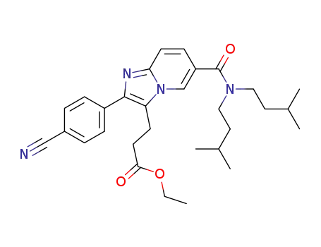 Molecular Structure of 1064662-27-6 (3-[6-[bis-(3-methyl-butyl)-carbamoyl]-2-(4-cyano-phenyl)-imidazo[1,2-a]pyridin-3-yl]-propionic acid ethyl ester)