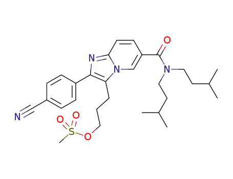 Molecular Structure of 1064662-32-3 (methanesulfonic acid 3-[6-[bis-(3-methyl-butyl)-carbamoyl]-2-(4-cyanophenyl)imidazo[1,2a]pyridin-3-yl]-propyl ester)