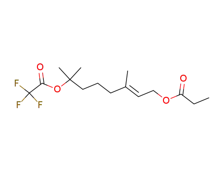 Molecular Structure of 104857-56-9 (Acetic acid, trifluoro-, 1,1,5-trimethyl-7-(1-oxopropoxy)-5-heptenyl ester,
(E)-)