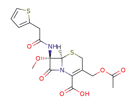 Molecular Structure of 35565-06-1 ((6R-cis)-3-(acetoxymethyl)-7-methoxy-8-oxo-7-(2-thienylacetamido)-5-thia-1-azabicyclo[4.2.0]oct-2-ene-2-carboxylic acid)