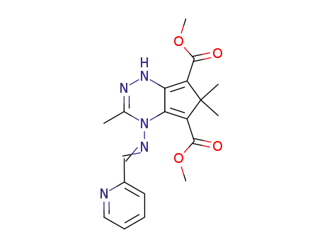 Molecular Structure of 117227-38-0 (3,6,6-Trimethyl-4-{[1-pyridin-2-yl-meth-(E)-ylidene]-amino}-4,6-dihydro-1H-cyclopenta[1,2,4]triazine-5,7-dicarboxylic acid dimethyl ester)