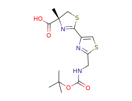 Molecular Structure of 1033814-13-9 ((R)-2-(2-((tert-butoxycarbonylamino)methyl)thiazol-4-yl)-4-methyl-4,5-dihydrothiazole-4-carboxylic acid)