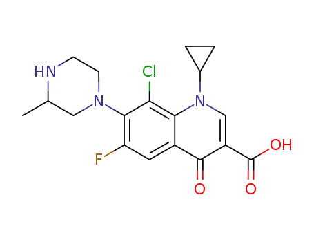 Molecular Structure of 101987-76-2 (3-Quinolinecarboxylic acid, 8-chloro-1-cyclopropyl-6-fluoro-1,4-dihydro-7-(3-Methyl-1-piperazinyl)-4-oxo-)