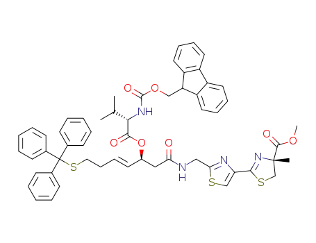 Molecular Structure of 1092363-40-0 ((4R)-methyl 2-(2-((8S)-1-(9H-fluoren-9-yl)-5-isopropyl-3,6,10-trioxo-8-((E)-4-(tritylthio)-but-1-enyl)-2,7-dioxa-4,11-diazadodecan-12-yl)thiazol-4-yl)-4-methyl-4,5-dihydrothiazole-4-carboxylate)