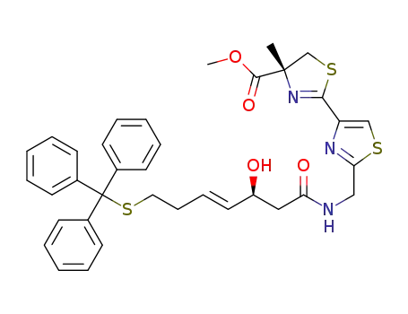 Molecular Structure of 1092363-37-5 ((R)-methyl 2-(2-(((3S,4E)-3-hydroxy-7-(tritylthio)hept-4-enamido)methyl)thiazol-4-yl)-4-methyl-4,5-dihydrothiazole-4-carboxylate)