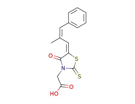 Molecular Structure of 124782-64-5 ({5-[(Z)-2-Methyl-3-phenyl-prop-2-en-(E)-ylidene]-4-oxo-2-thioxo-thiazolidin-3-yl}-acetic acid)
