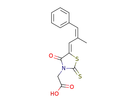 Molecular Structure of 124782-63-4 ((Z,Z)-5-(2-Methyl-3-phenyl-propenylidene)-4-oxo-2-thioxo-3-thiazolidineacetic Acid)