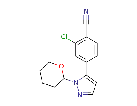 Molecular Structure of 1297537-35-9 (2-Chloro-4-(1-(tetrahydro-2H-pyran-2-yl)-1H-pyrazol-5-yl)benzonitrile)