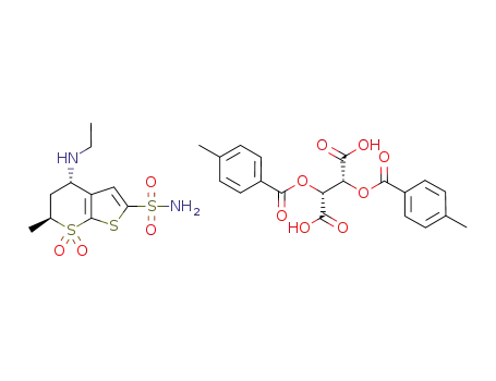Molecular Structure of 1227941-29-8 ((4S,6S)-4-(ethylamino)-5,6-dihydro-6-methyl-4H-thieno-[2,3-b]thiopyran-2-sulfonamide-7,7-dioxide di-p-toluyl-L-tartate salt)
