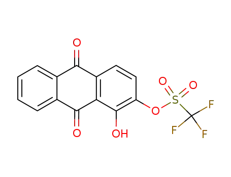 Molecular Structure of 131559-18-7 (Trifluoro-methanesulfonic acid 1-hydroxy-9,10-dioxo-9,10-dihydro-anthracen-2-yl ester)