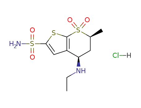 Molecular Structure of 1417607-96-5 (4-(ethylamino)-6-methyl-5,6-dihydro-4H-thieno[2,3-b]thiopyran-2-sulfonamide 7,7-dioxide hydrochloride)