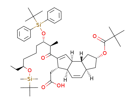 Molecular Structure of 204381-42-0 (2,2-Dimethyl-propionic acid (2R,3aS,5aR,6S,8aS,8bR)-7-[(2R,3S,7S)-7-(tert-butyl-dimethyl-silanyloxy)-3-(tert-butyl-diphenyl-silanyloxy)-2-methyl-nonanoyl]-6-carboxymethyl-1,2,3,3a,5a,6,8a,8b-octahydro-as-indacen-2-yl ester)