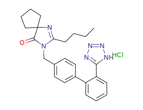 Molecular Structure of 329055-23-4 (2-n-butyl-4-spirocyclopentane-1-[((2'-tetrazol-5-yl)biphenyl-4-yl)methyl]-2-imidazolin-5-one hydrochloride)