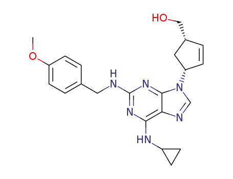 Molecular Structure of 1360538-03-9 (((1S,4R)-4-(6-(cyclopropylamino)-2-((4-methoxybenzyl)amino)-9H-purin-9-yl)cyclopent-2-en-1-yl)methanol)