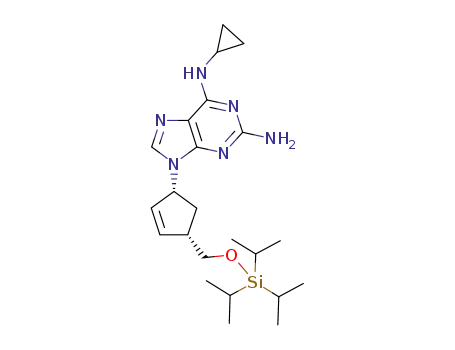 Molecular Structure of 1067882-78-3 (6-cyclopropylamine-9-((1R,4S)-4-((triisopropylsilyloxy)methyl)cyclopent-2-enyl)-9H-purin-2-amine)
