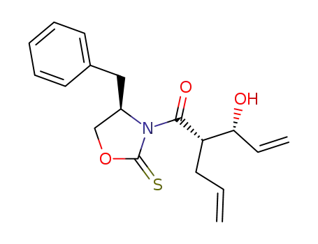 Molecular Structure of 268737-89-9 ((2S,3R)-2-Allyl-1-((R)-4-benzyl-2-thioxo-oxazolidin-3-yl)-3-hydroxy-pent-4-en-1-one)