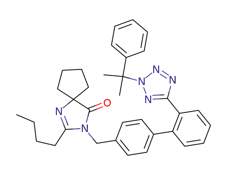 Molecular Structure of 852357-70-1 (2-butyl-3-{2'-[2-(1-methyl-1-phenyl-ethyl)-2H-tetrazol-5-yl]-biphenyl-4-ylmethyl}-1,3-diaza-spiro[4.4]non-1-en-4-one)